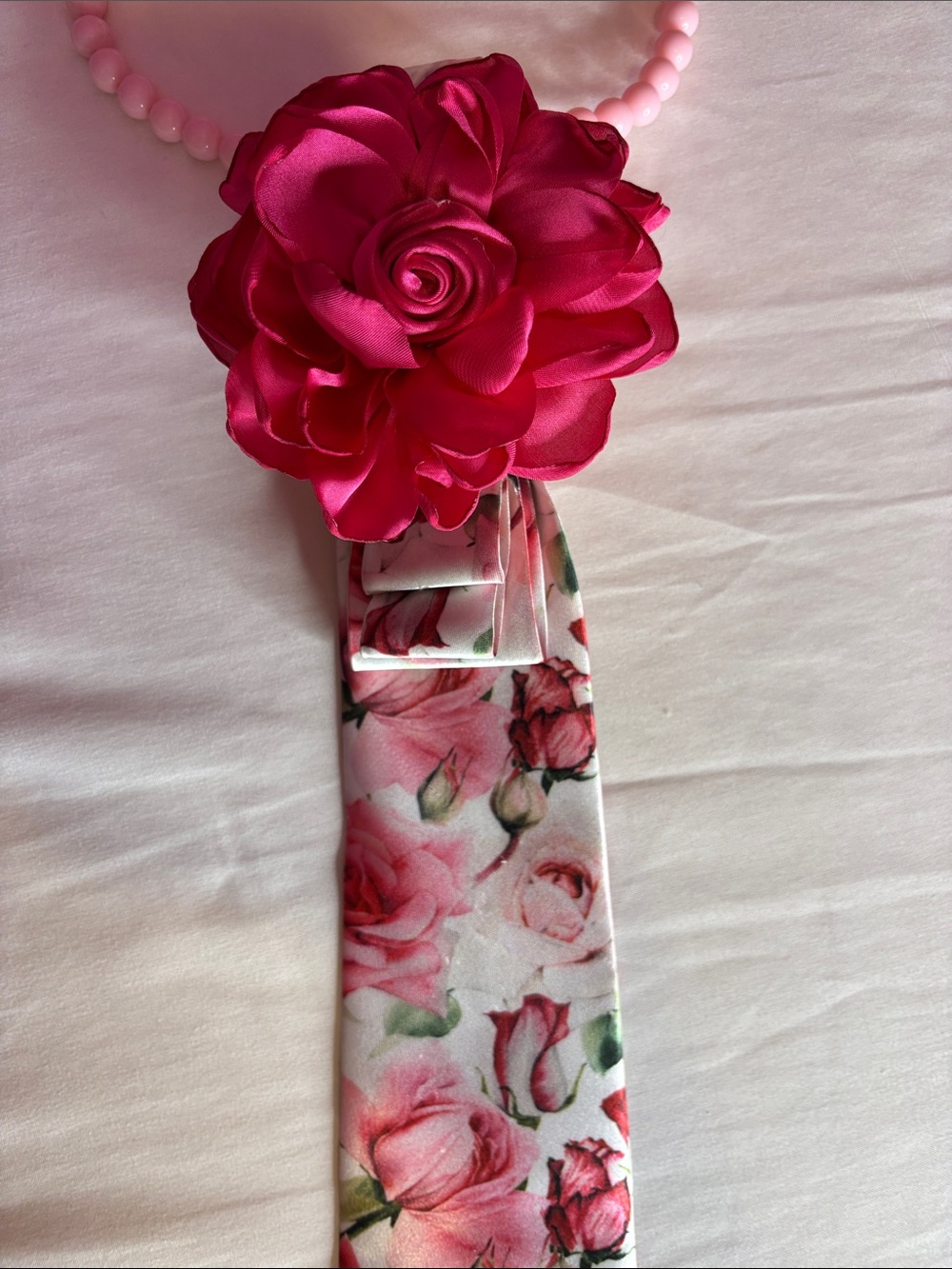 Hand Crafted Pink Floral Men’s Tie with Hot Pink Rose Corsage